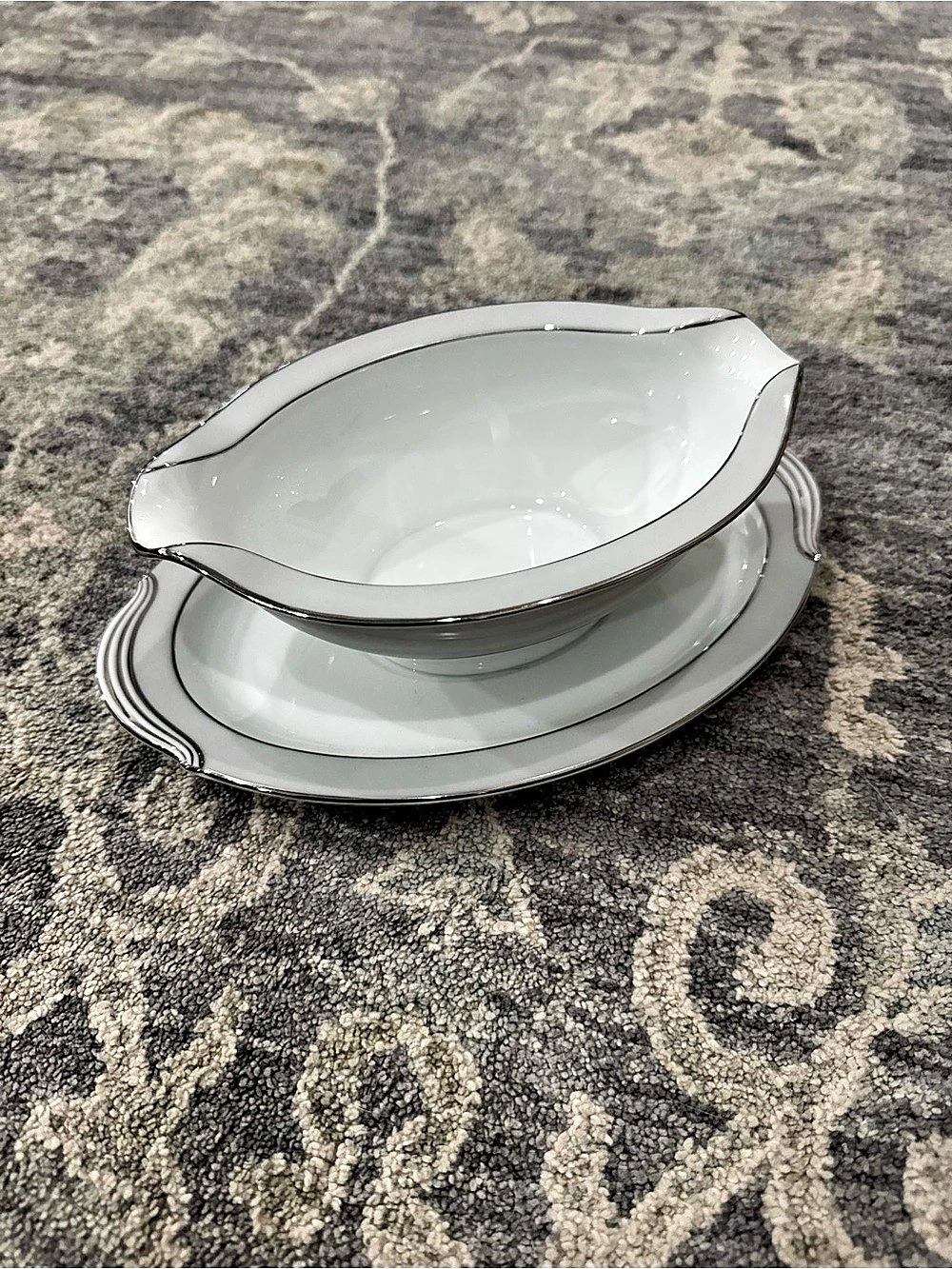 Vintage Noritake Grayburn 5323 Gravy Boat Attached Underplate Platinum Japan